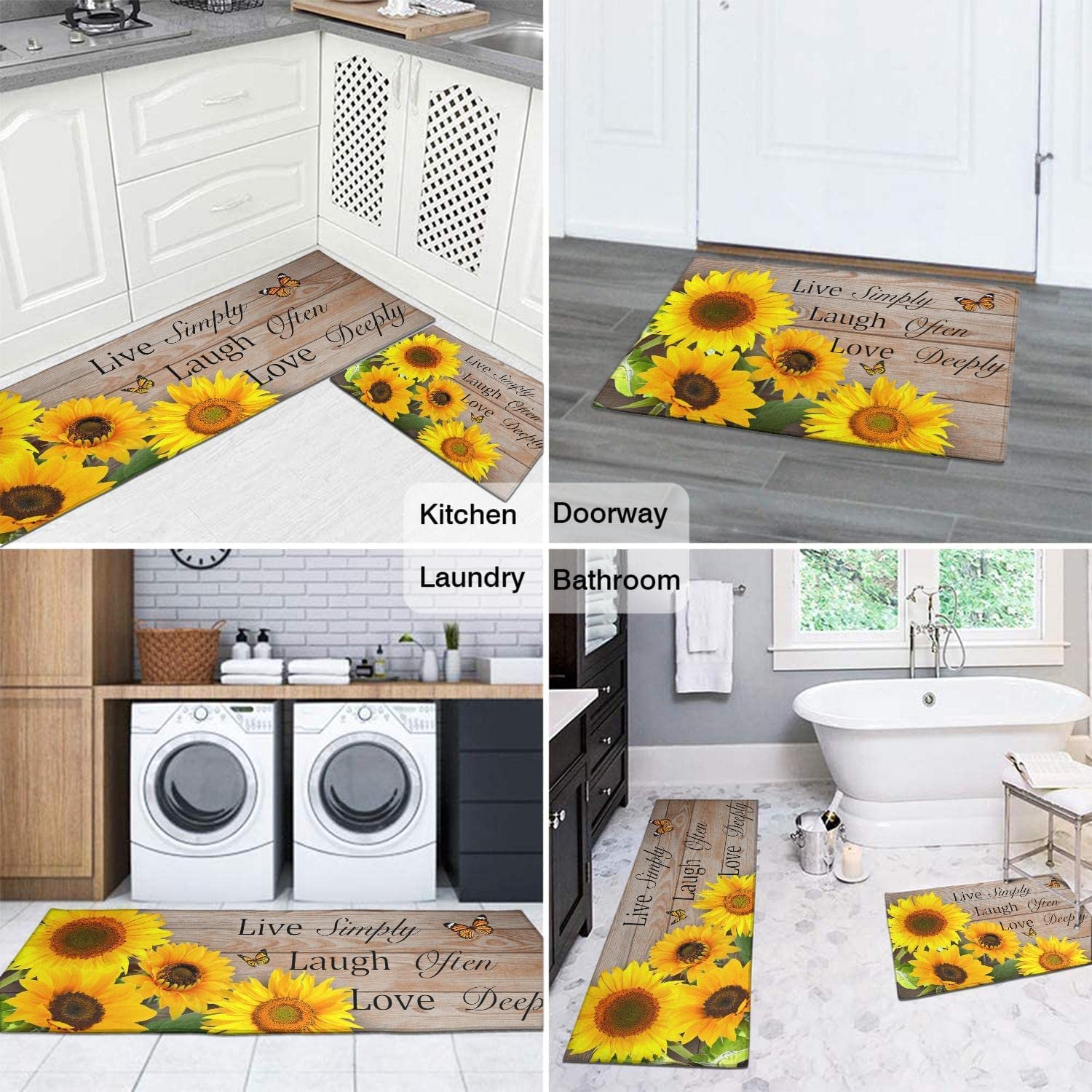 Sunflower Kitchen Rugs and Mats Yellow Sunflower on The Wooden Kitchen Decor Farmhouse Anti Fatigue Mat Non Skid Washable Standing Mat Live Laugh Love Kitchen Rugs17x30+17x47inch