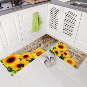 Sunflower Kitchen Rugs and Mats Yellow Sunflower on The Wooden Kitchen Decor Farmhouse Anti Fatigue Mat Non Skid Washable Standing Mat Live Laugh Love Kitchen Rugs17x30+17x47inch