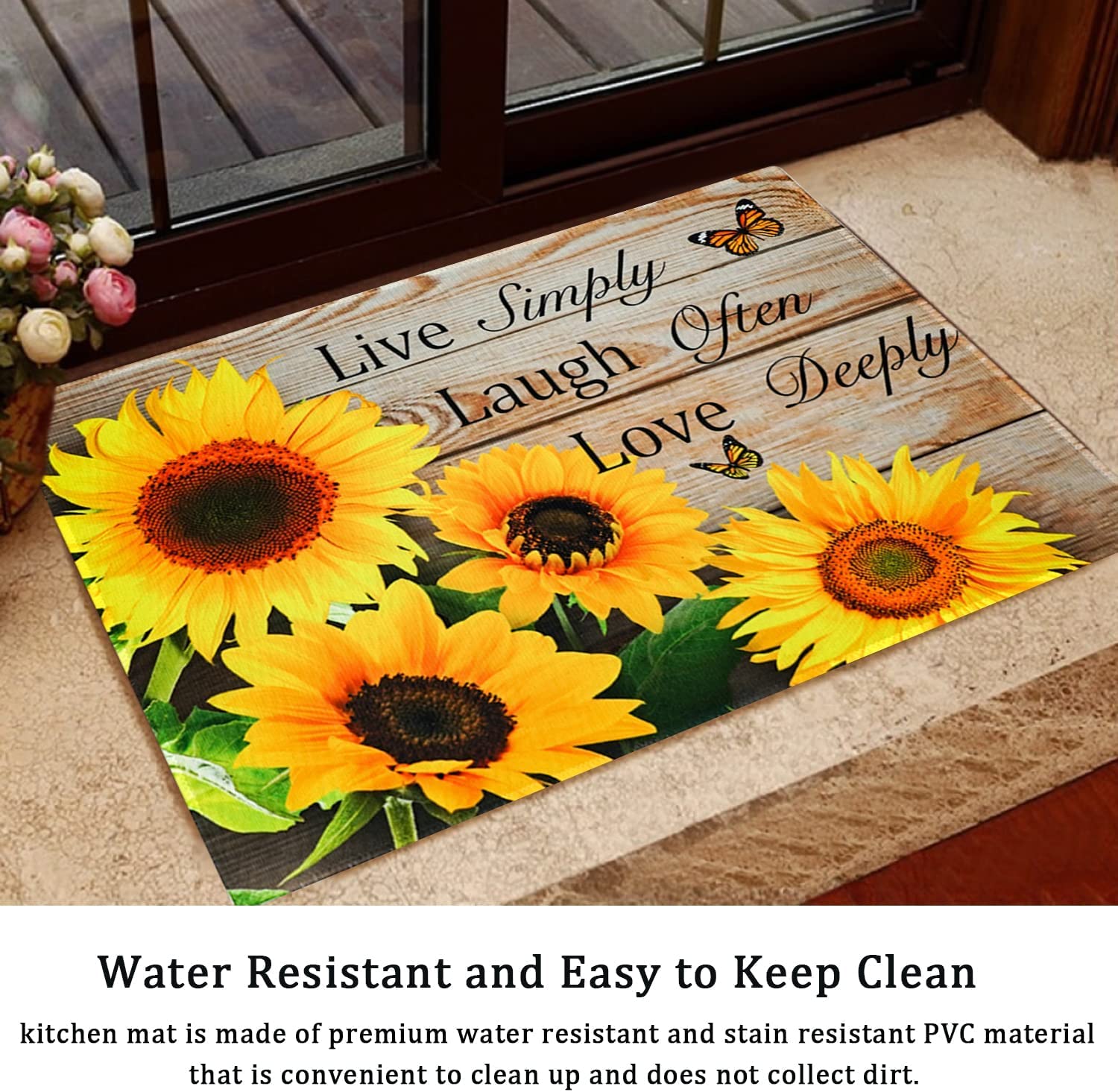 Sunflower Kitchen Rugs and Mats Yellow Sunflower on The Wooden Kitchen Decor Farmhouse Anti Fatigue Mat Non Skid Washable Standing Mat Live Laugh Love Kitchen Rugs17x30+17x47inch