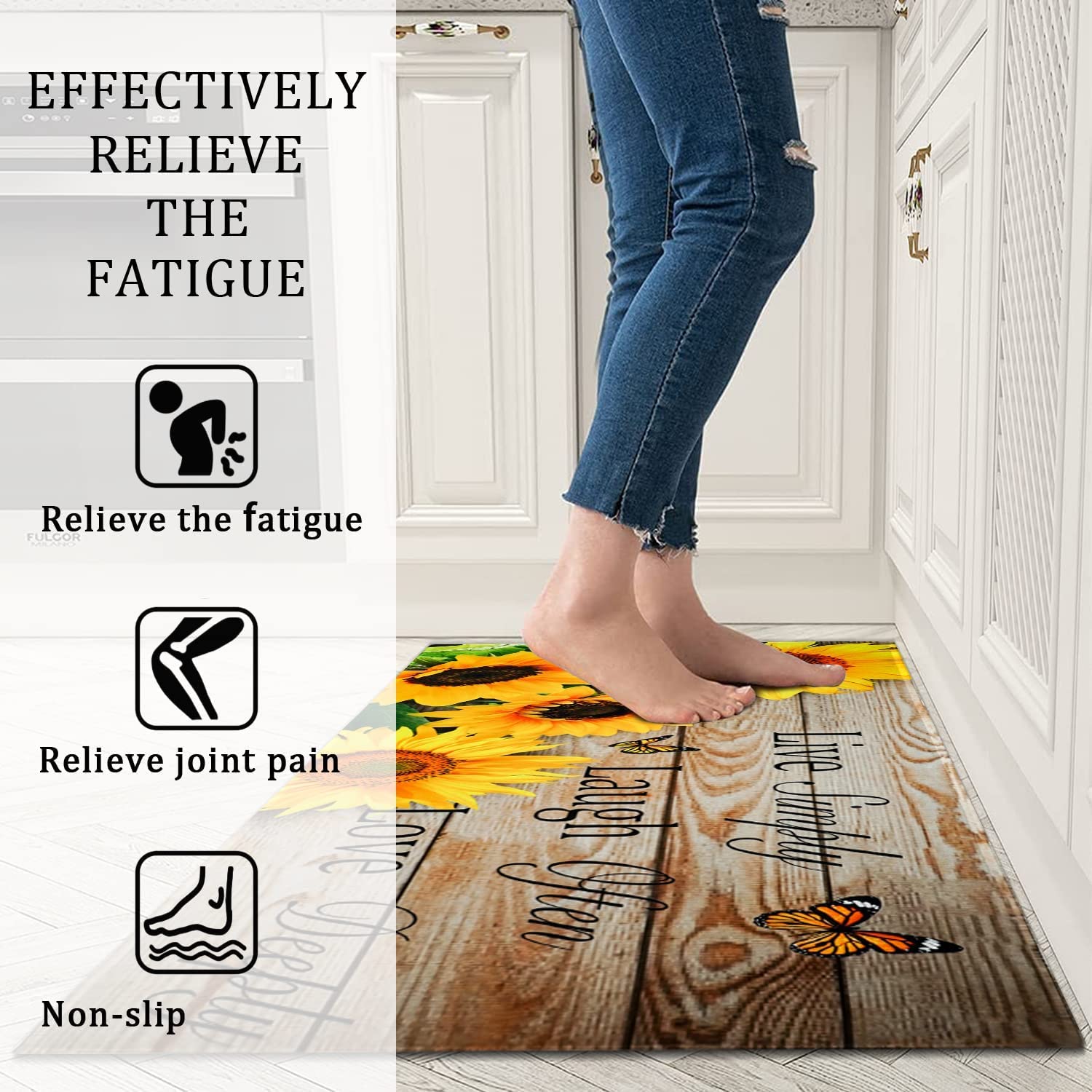 Sunflower Kitchen Rugs and Mats Yellow Sunflower on The Wooden Kitchen Decor Farmhouse Anti Fatigue Mat Non Skid Washable Standing Mat Live Laugh Love Kitchen Rugs17x30+17x47inch