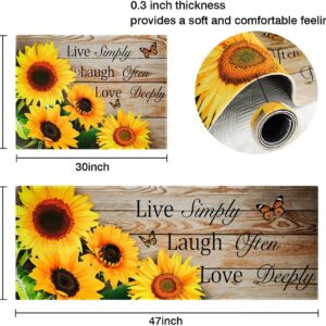 Sunflower Kitchen Rugs and Mats Yellow Sunflower on The Wooden Kitchen Decor Farmhouse Anti Fatigue Mat Non Skid Washable Standing Mat Live Laugh Love Kitchen Rugs17x30+17x47inch