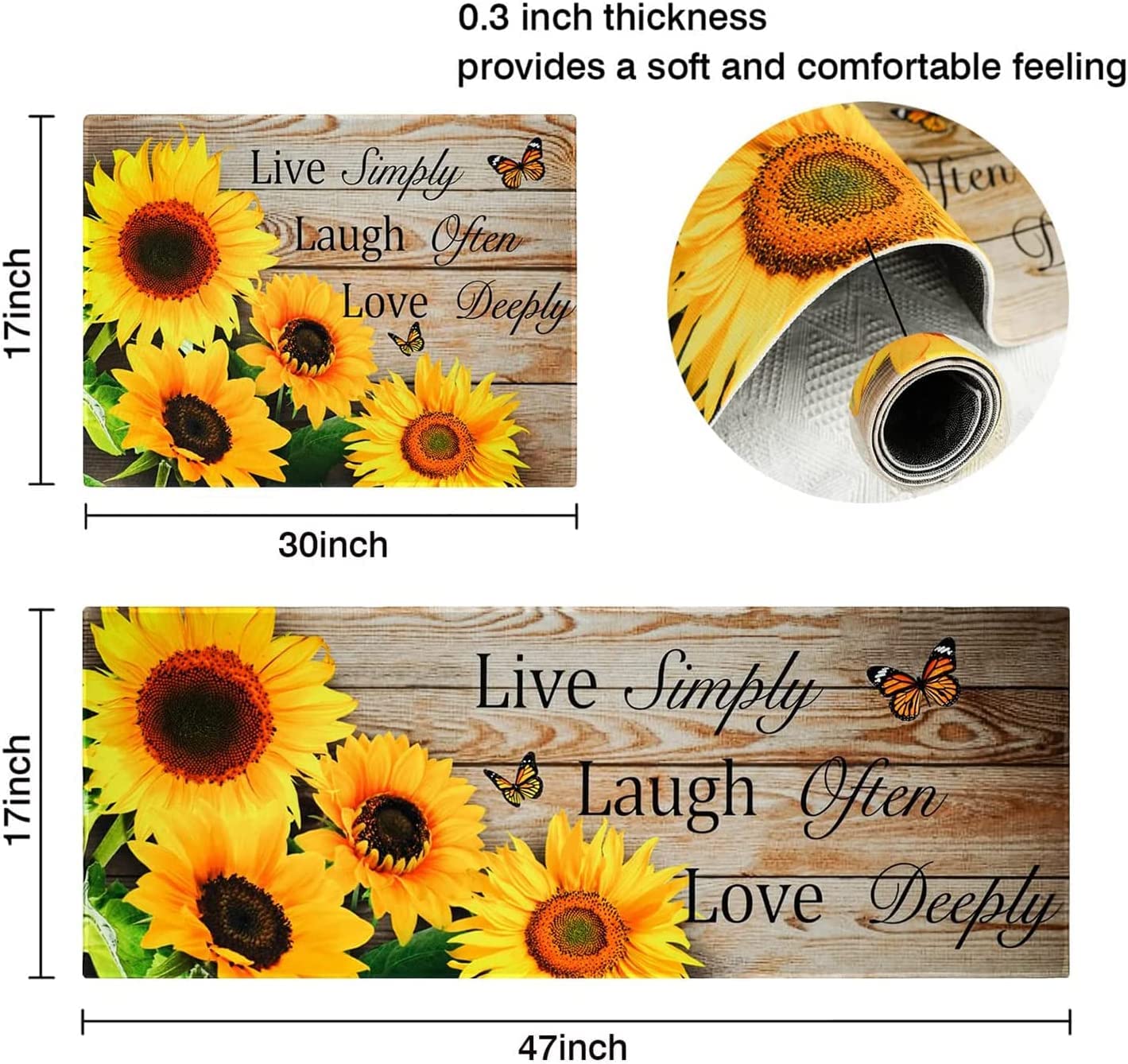 Sunflower Kitchen Rugs and Mats Yellow Sunflower on The Wooden Kitchen Decor Farmhouse Anti Fatigue Mat Non Skid Washable Standing Mat Live Laugh Love Kitchen Rugs17x30+17x47inch