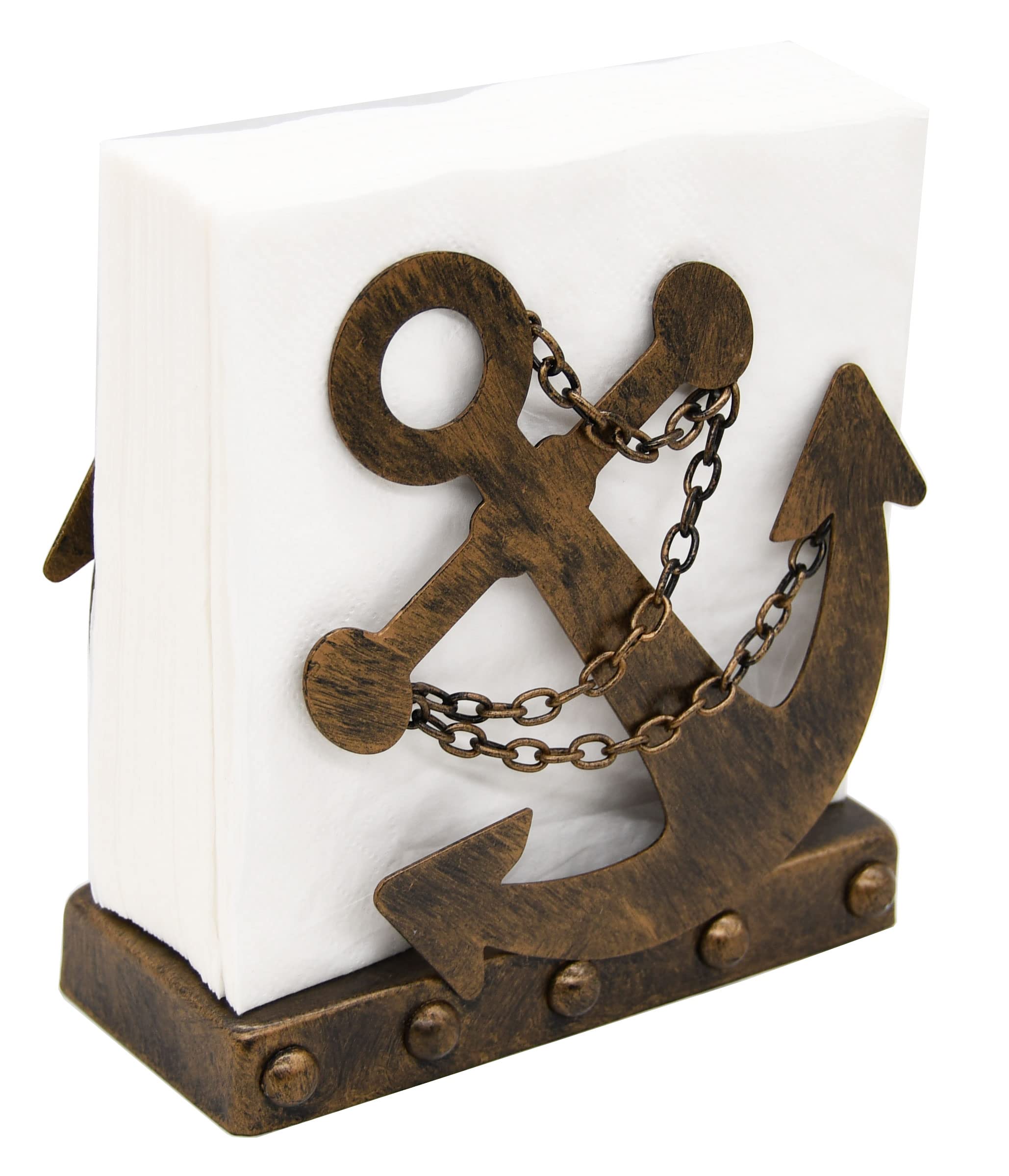 OwlGift Vintage Metal Nautical Anchor & Chain Napkin Holder, Freestanding Tabletop Napkin Storage, Navy Themed Paper Towel Dispenser, Mail Letter Sorter Rack, Document File Organizer – Bronze