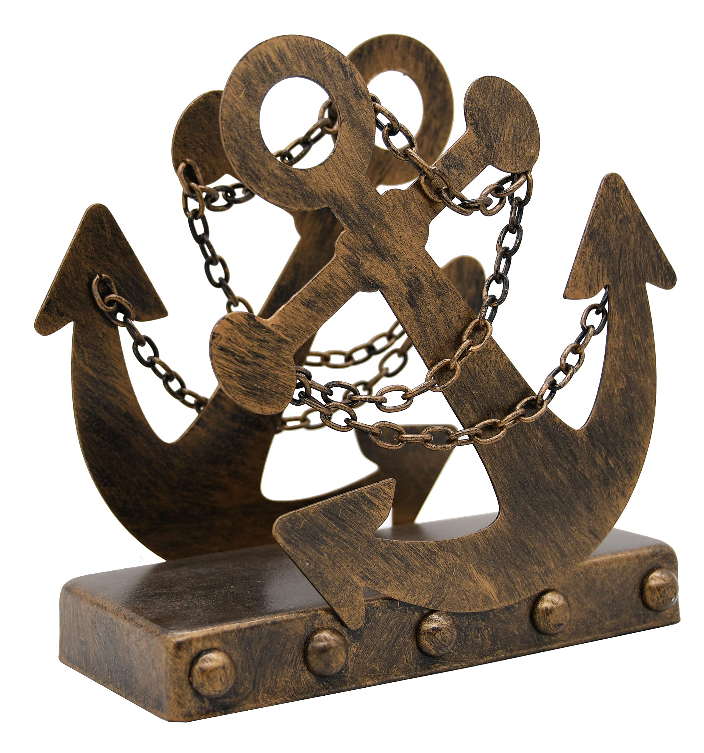 OwlGift Vintage Metal Nautical Anchor & Chain Napkin Holder, Freestanding Tabletop Napkin Storage, Navy Themed Paper Towel Dispenser, Mail Letter Sorter Rack, Document File Organizer – Bronze