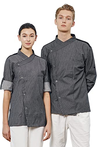 BE THE CHEF Asian Fit Performance 2 Colors Striped Crossover Collar Chef Coat Jacket with Cool Mesh Panels (Black, Medium)