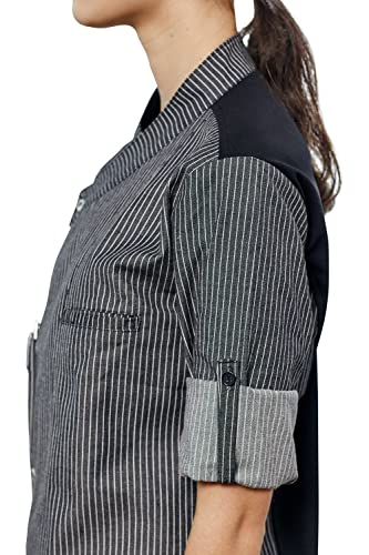 BE THE CHEF Asian Fit Performance 2 Colors Striped Crossover Collar Chef Coat Jacket with Cool Mesh Panels (Black, Medium)