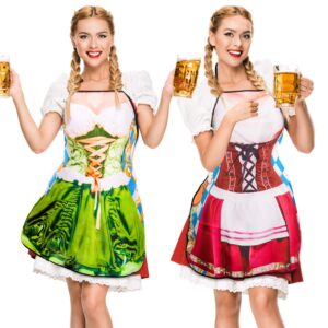 whaline 2pcs oktoberfest apron, female dirndl costume outfit, german oktoberfest dress, novelty apron for kitchen cooking bbq party (red, green)