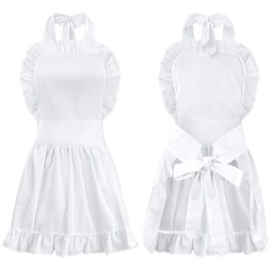 Newcotte Maid Aprons Colonial Aprons Adjustable Bib White Retro Ruffle Apron renaissance french maid apron colonial costume girls apron Kitchen Cooking Baking Cleaning Maid Costume(White)