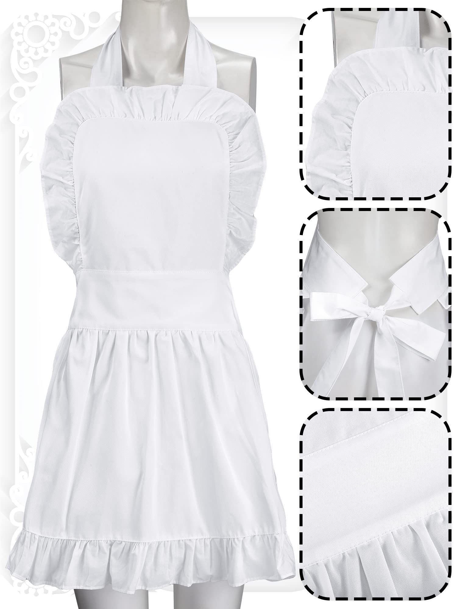 Newcotte Maid Aprons Colonial Aprons Adjustable Bib White Retro Ruffle Apron renaissance french maid apron colonial costume girls apron Kitchen Cooking Baking Cleaning Maid Costume(White)