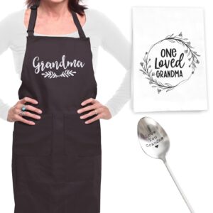 grandma gifts set – 3pc.,100% cotton grandma apron with matching tea towel and engraved, stainless steel tea spoon – great grandmother gifts for grandma, mothers day or grandma birthday gifts