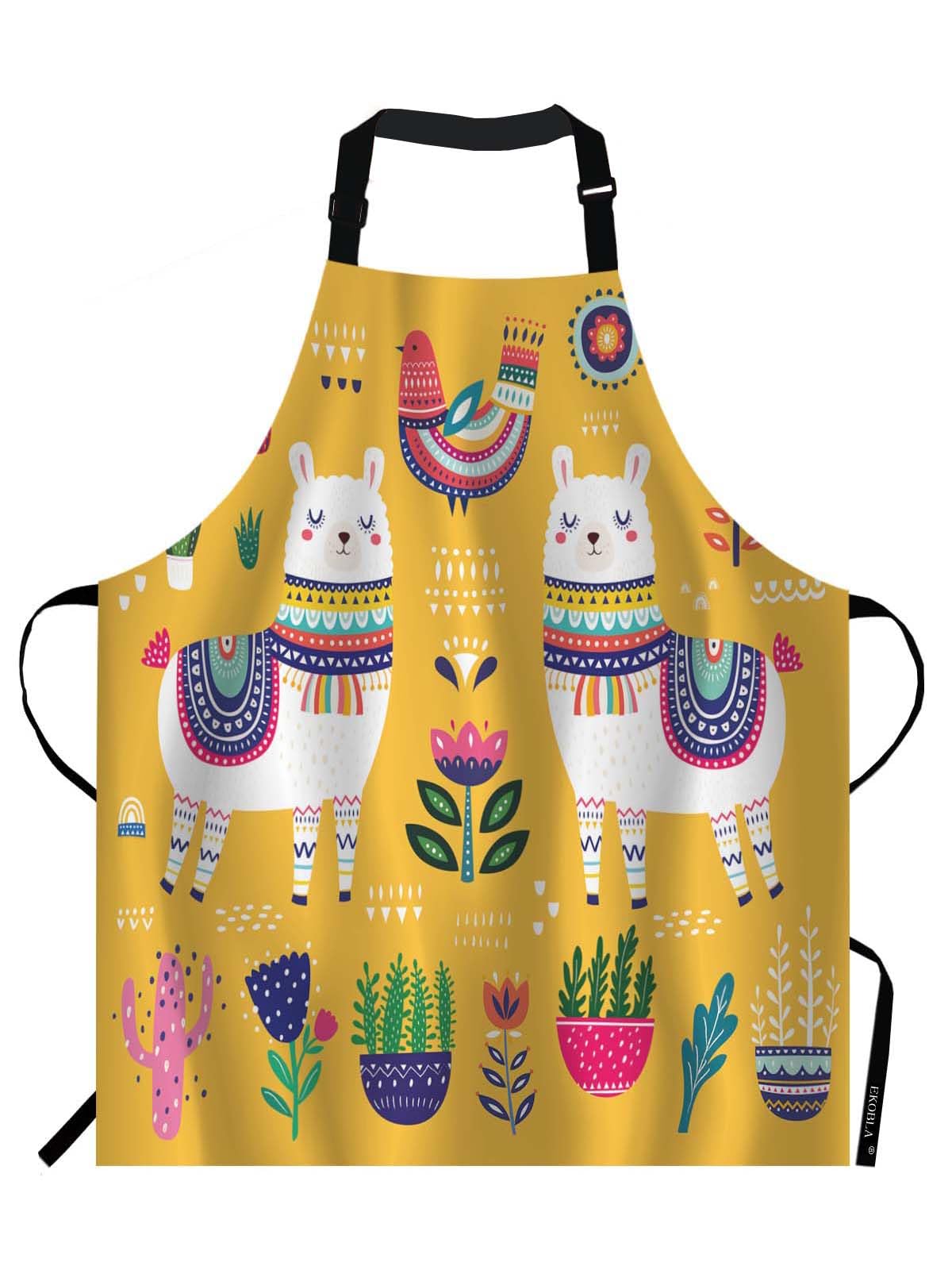 EKOBLA Llama Aprons Cute Cartoon Alpaca Graphic Adjustable Apron 27x31 Inch