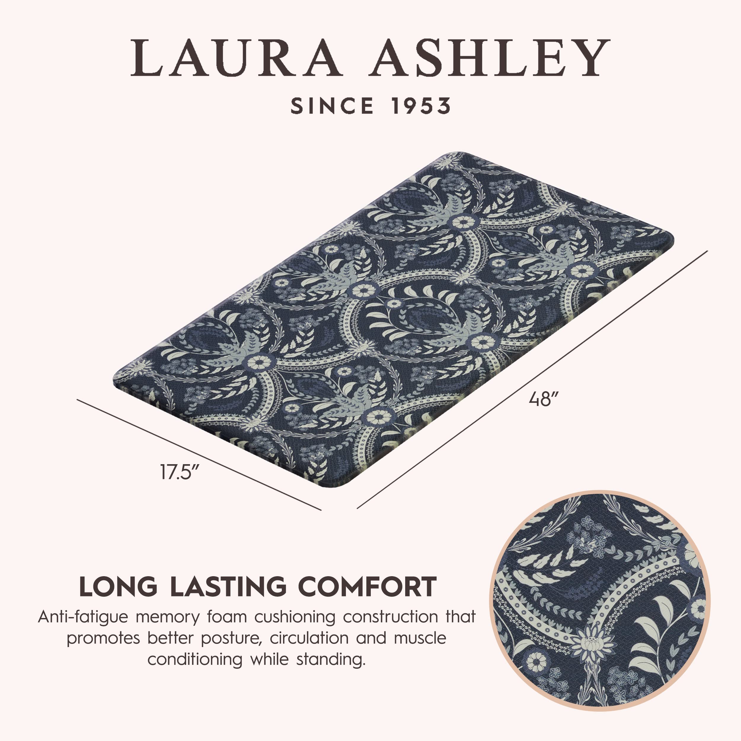 Laura Ashley – Anti-Fatigue Kitchen Mat | Almeida Floral Design | Stain, Water & Fade Resistant | Cooking & Standing Relief | Non-Slip Backing | Measures 17.5” x 48”| Dark Blue Almeida