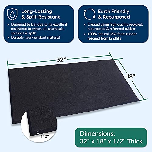 XCEL Black Rubber Anti Fatigue Mat for Kitchen Floor, Standing Desk, Salon - 32 x 18 x 1/2 Inch Thick - Soft, Non Slip, Heavy Duty Floor Mat to Stand on While Working - Home Office Accessories