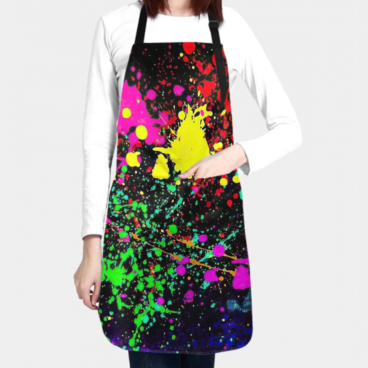 Kawani Artist Painting Art Aprons for Women Men Black Abstract Paint Splash Spatter Smocks With 2 Pockets Woman Waterproof Apron Barber Chef Cooking Grilling Kitchen Accessories Pinafore 28x33 In