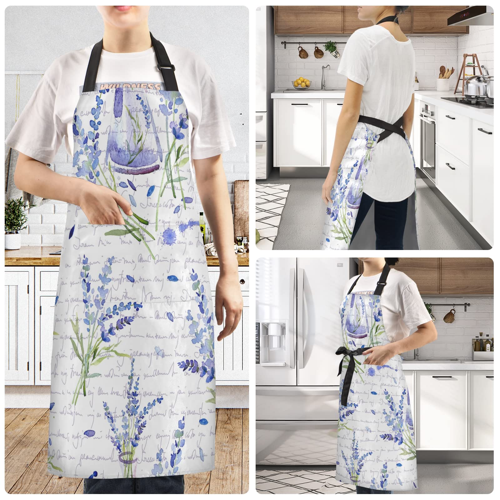 Kitchen Apron for Women Herbs and Lavender Apron With 2 Pockets, Adjustable Bib Cooking Chef Aprons for Men