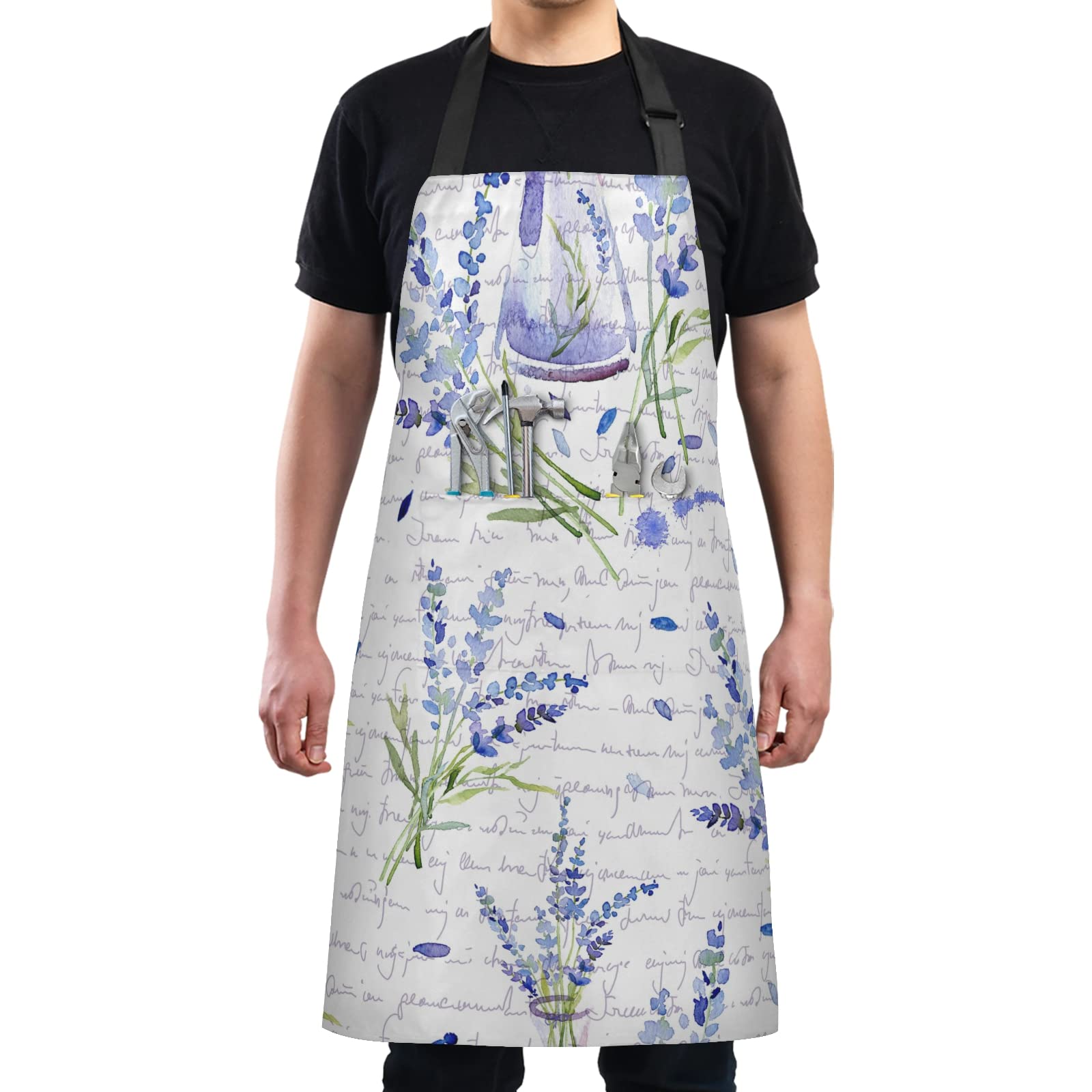 Kitchen Apron for Women Herbs and Lavender Apron With 2 Pockets, Adjustable Bib Cooking Chef Aprons for Men