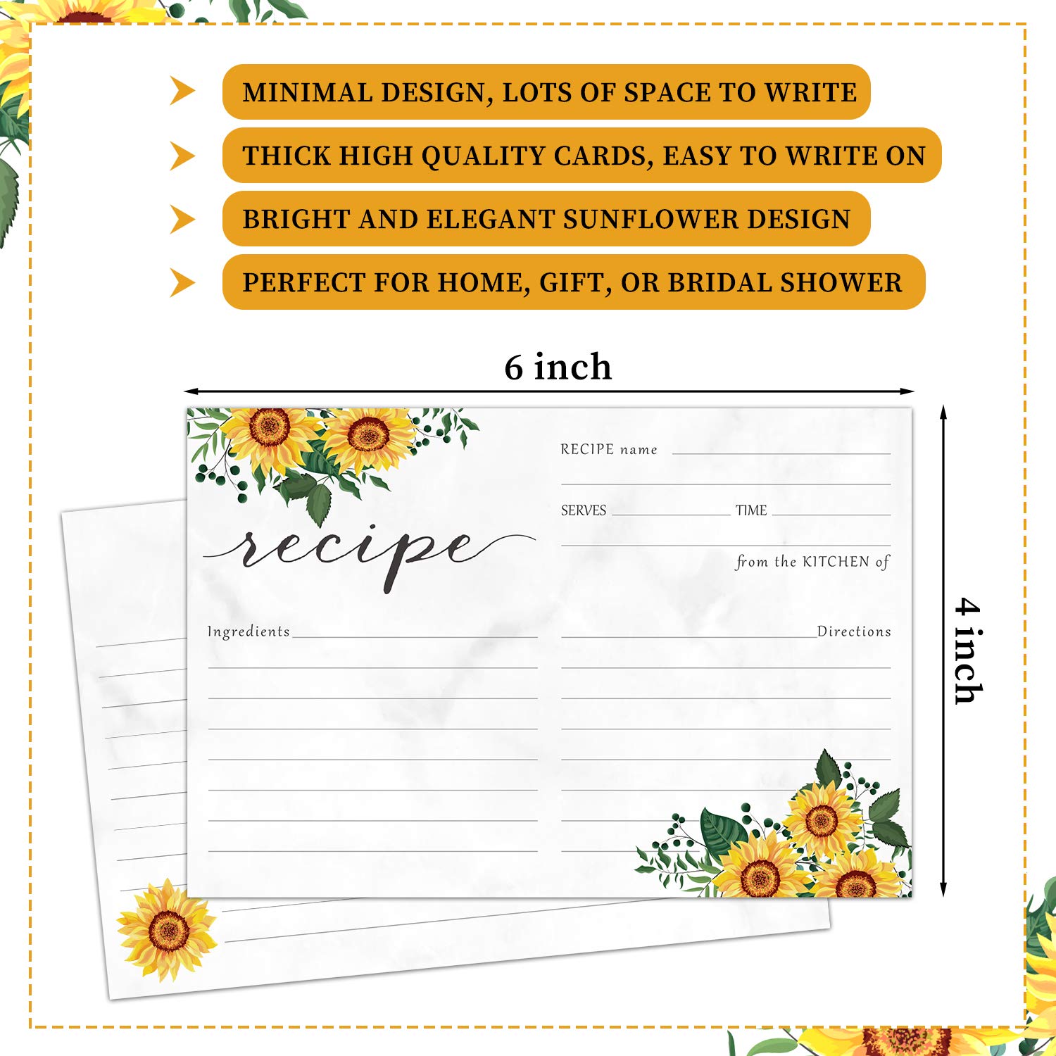 Sunflower Recipe Cards Floral Recipe Card Double-Sided Kitchen Recipe Cards Note Cards for Wedding, Bridal Shower (50)