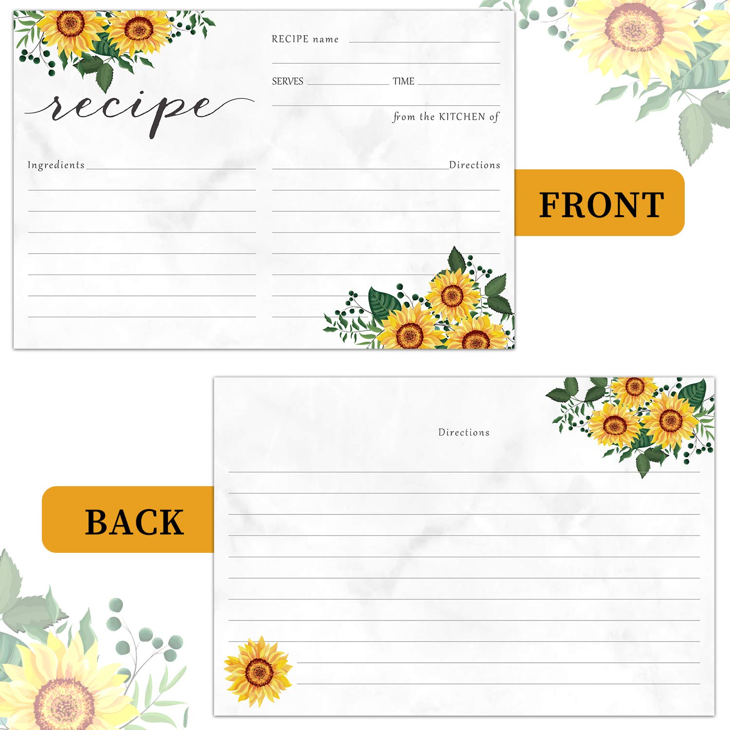 Sunflower Recipe Cards Floral Recipe Card Double-Sided Kitchen Recipe Cards Note Cards for Wedding, Bridal Shower (50)