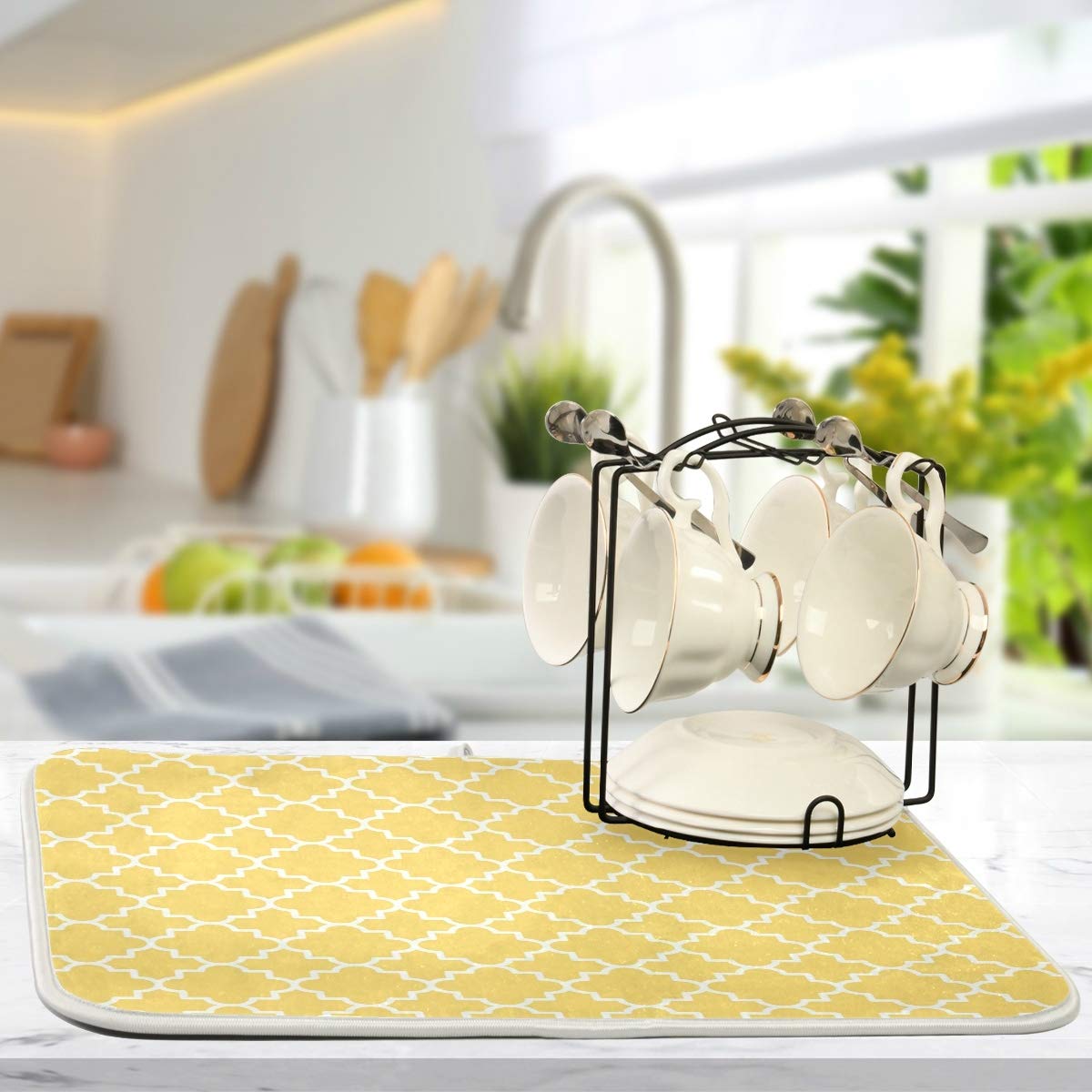 SUABO Yellow Geometric Lattice Dish Drying Mat for Kitchen, 18x24 Inch Microfiber Mat Absorbent Reversible