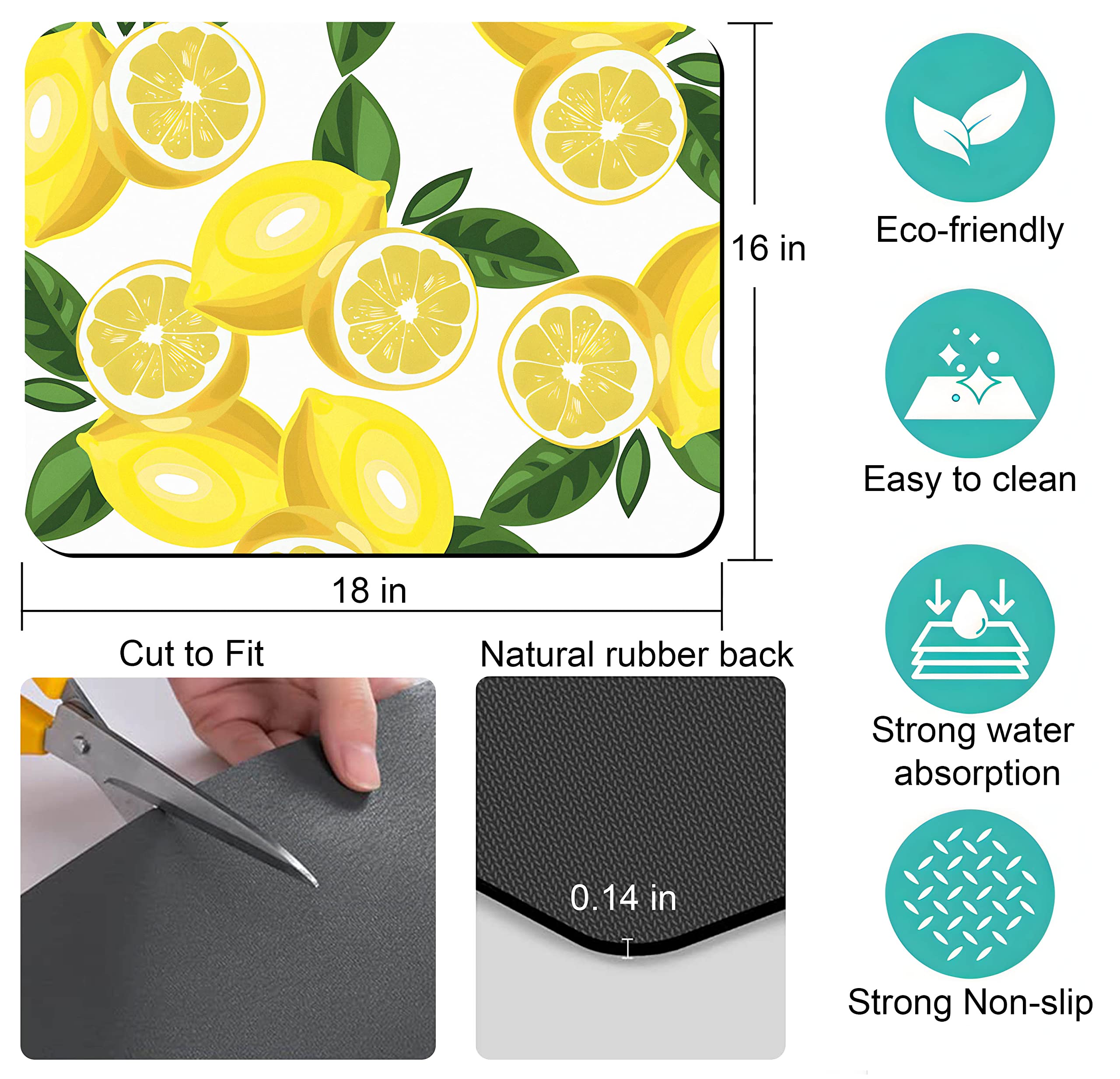 Rubber Dish Drying Mat for Kitchen Counter Large Lemon Washable Quick Home Coffee Pad Fit Under Sink,Bar,Utensils 16x18in