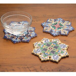 bits and pieces - set of three majolica designer trivets - colorful hot dish table cover