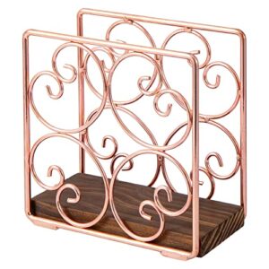 mygift copper tone metal wire napkin holder with rustic burnt wood base - upright serviette dispenser rack with vintage style scrollwork design