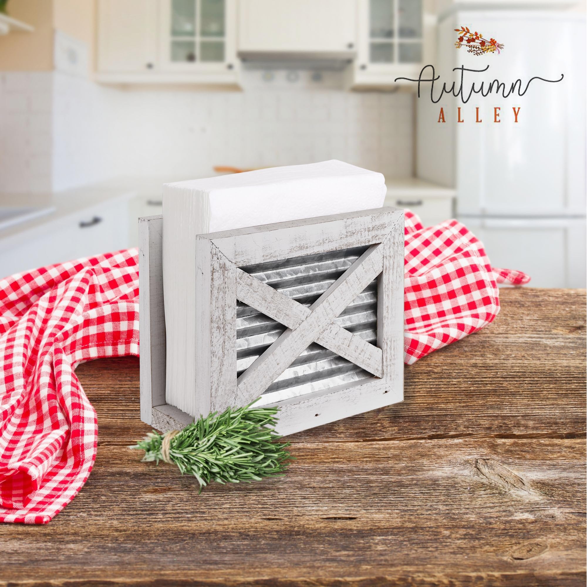 Autumn Alley Farmhouse Napkin Holder - Wooden Napkin Holder - Classic Barn Door Motif with Galvanized Metal - Rustic Napkin Holder for Farmhouse Décor - Shabby White Country Napkin Holder