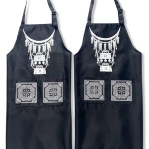 Set of 2 - Hmong Inspired Aprons: Double Pockets, Adjustable Neck Strap, Extra-Long Waist Strap, Unisex Design - Great Gift for Men and Women