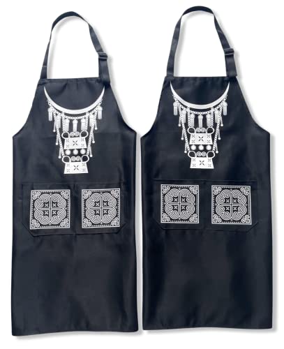 Set of 2 - Hmong Inspired Aprons: Double Pockets, Adjustable Neck Strap, Extra-Long Waist Strap, Unisex Design - Great Gift for Men and Women