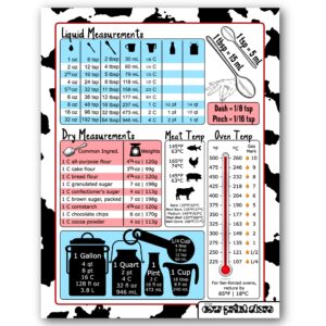 cow print kitchen conversion chart magnet - imperial & metric to standard conversion chart magnet - cooking measurements for food - measuring weight, liquid, temperature - recipe baking cookbook