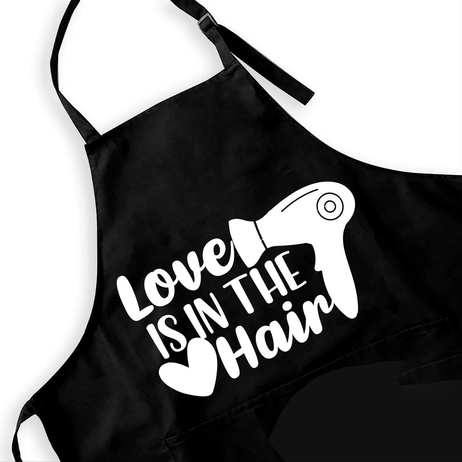 Ihopes Funny Black Apron for Women Men,Cute Love is in the Hair Stylist Apron with 2 Pockets and Adjustable Neck Strap,Perfect for Birthday/Christmas/Thanksgiving, Large