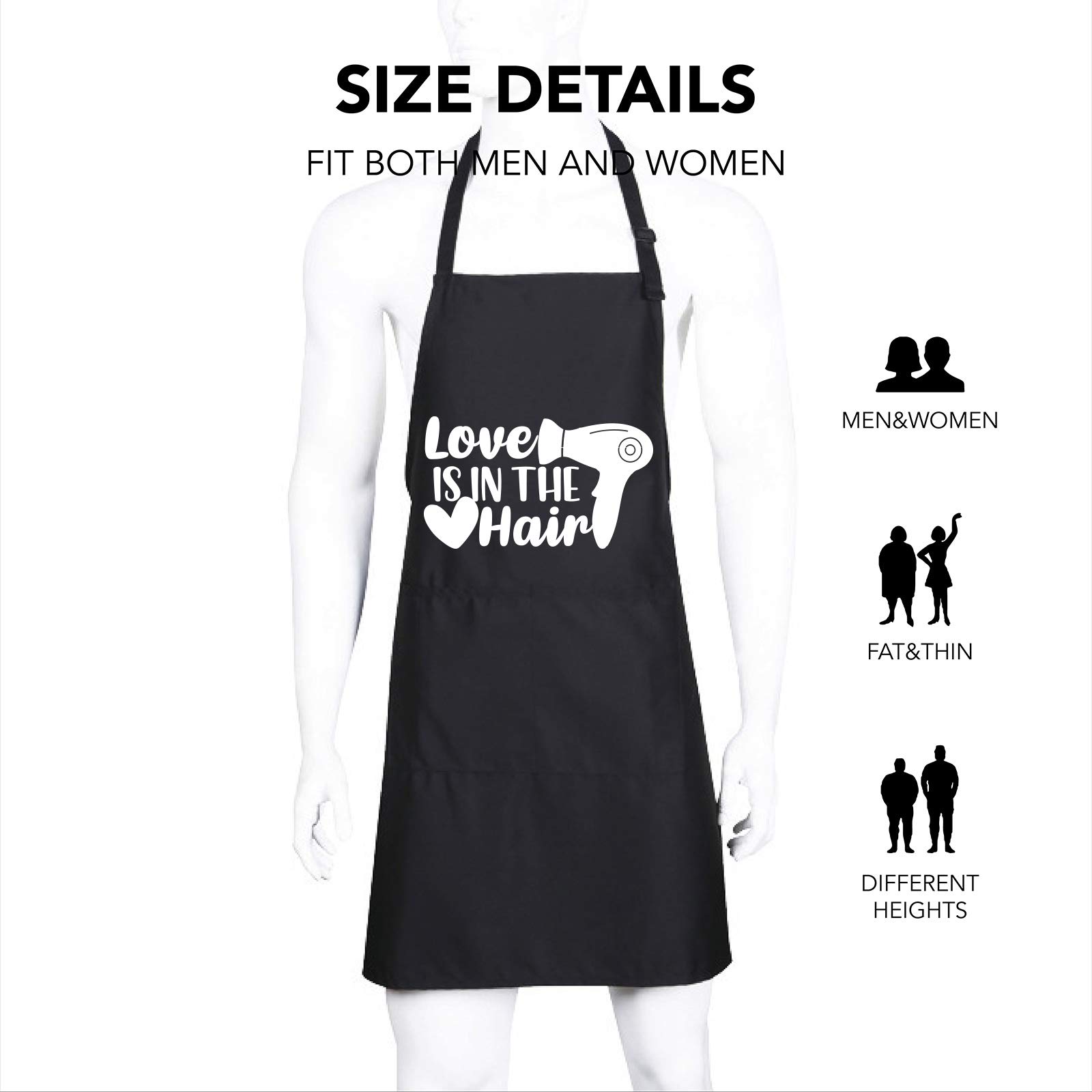 Ihopes Funny Black Apron for Women Men,Cute Love is in the Hair Stylist Apron with 2 Pockets and Adjustable Neck Strap,Perfect for Birthday/Christmas/Thanksgiving, Large