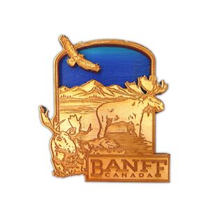 banff national park souvenir magnet, collectible wood carved canadian magnets for fridge, whiteboard, vacation keepsake, 3 inches