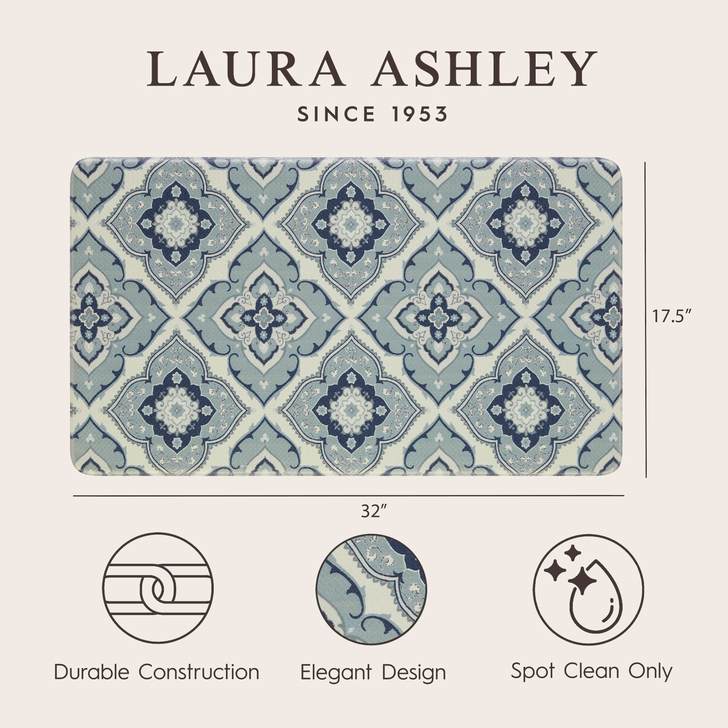 Laura Ashley – Anti-Fatigue Kitchen Mat, Allie Medallion Design, Stain, Water & Fade Resistant, Cooking & Standing Relief, Non-Slip Backing, Measures 17.5” x 32", Light Blue Allie