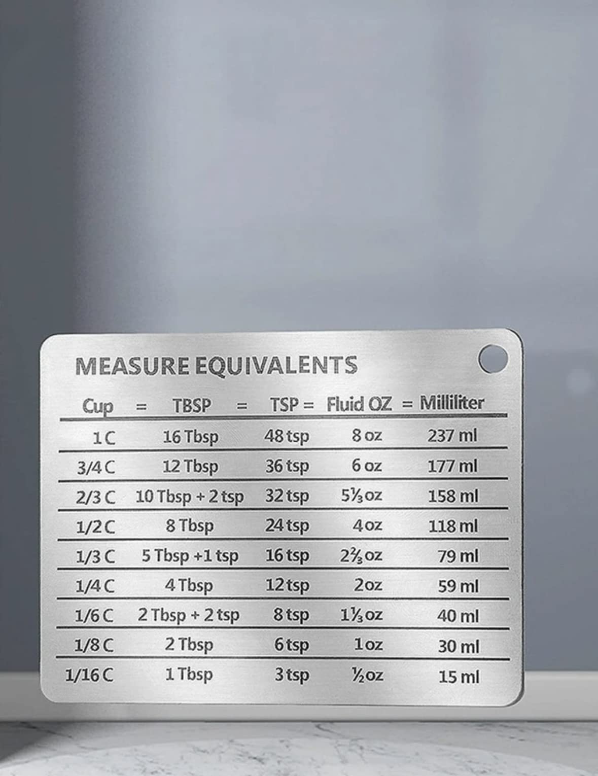 Magnetic Kitchen Conversion Chart - Professional Measurement Refrigerator Magnet, Stainless Steel, Conversions for Cups, Tablespoons, Teaspoons, Fluid Oz and Milliliters. (1 Pack)