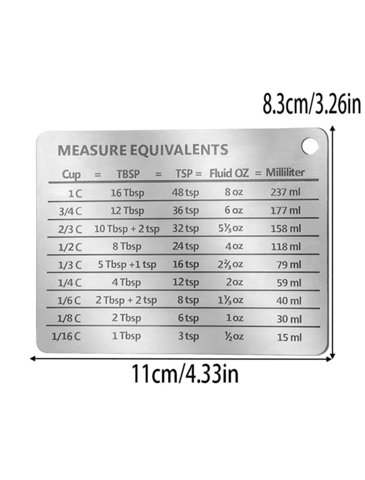 Magnetic Kitchen Conversion Chart - Professional Measurement Refrigerator Magnet, Stainless Steel, Conversions for Cups, Tablespoons, Teaspoons, Fluid Oz and Milliliters. (1 Pack)