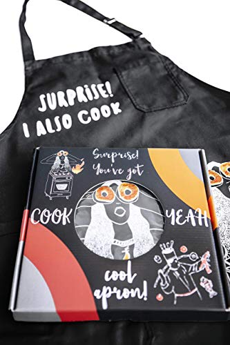 Cute Black Kitchen Bib Apron For Women and Men - With 2 Pockets and Graphic - For Chefs and Home Cooking - Adjustable Strap - Water Resistant - Multi-sized - Gift Box (Cooking Ninja (Men)