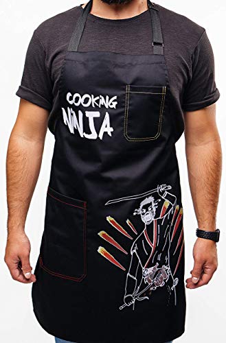 Cute Black Kitchen Bib Apron For Women and Men - With 2 Pockets and Graphic - For Chefs and Home Cooking - Adjustable Strap - Water Resistant - Multi-sized - Gift Box (Cooking Ninja (Men)