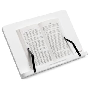 navaris bamboo book stand - hands-free reading recipe cookbook tablet holder with 2 adjustable metal page holders with grips - bamboo easel - white