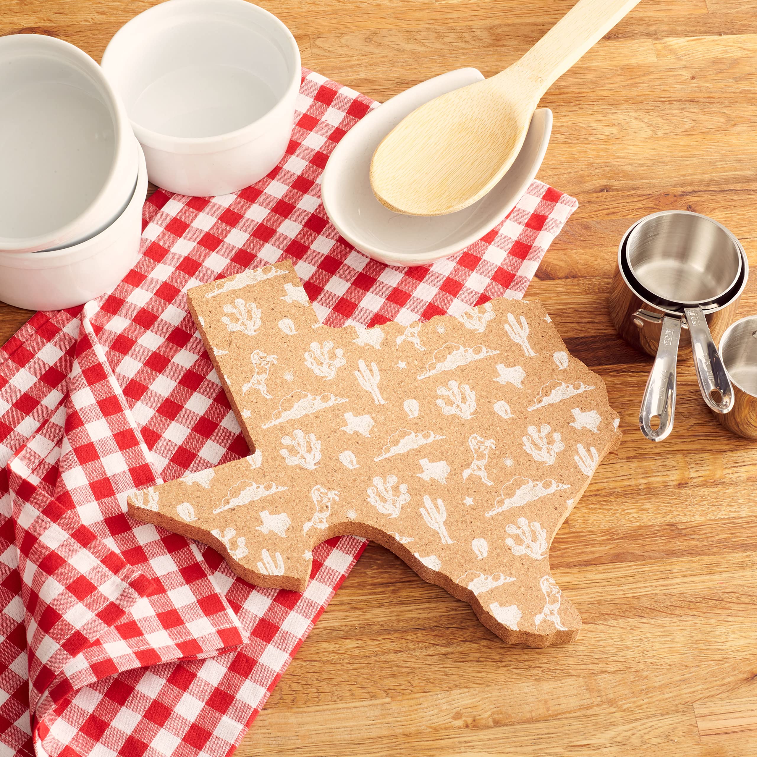 Texas Shaped Kitchen Cork Pot Holder Trivet with White Texas Pattern - 9 Inch Hot Pad Gift (White Texas Pattern)