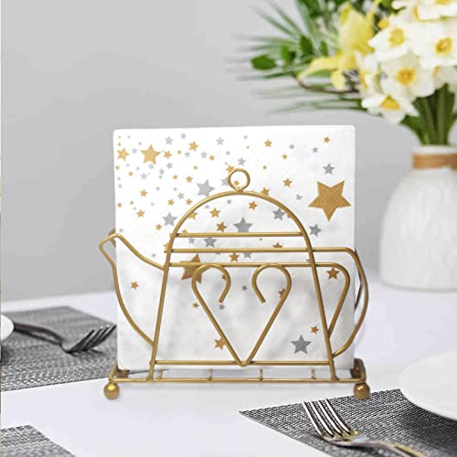 Gold Napkin Holder For Kitchen Dining Table, Standing Upright Metal Paper Napkin Holders, Creative Teapot Design Tissue Dispenser Home Farmhouse Tabletop Decoration