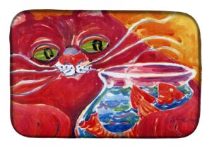 caroline's treasures 6048ddm big red cat at the fishbowl dish drying mat absorbent dish drying mat pad for kitchen counter dish drainer mat for countertop, 14 x 21", multicolor