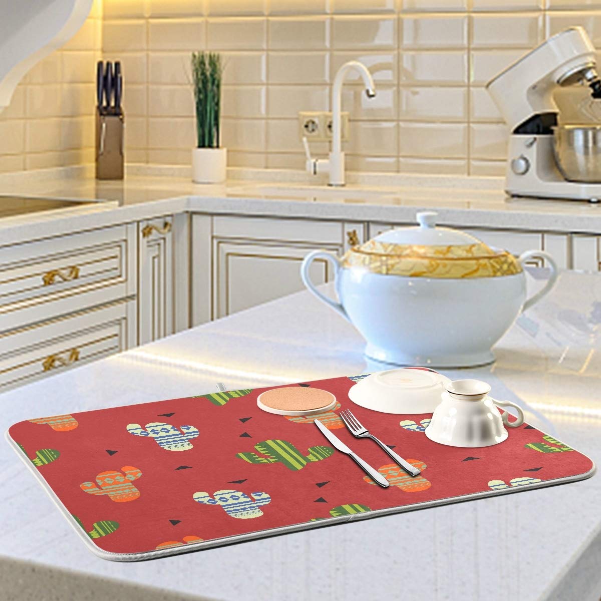 Boho Cactus Colorful Dish Drying Mat for Kitchen, Absorbent Microfiber Drying Pad Dish Mat, 24" X 18"