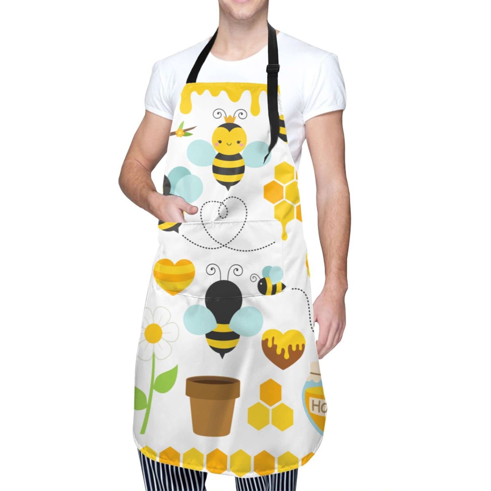 Echoserein Cute Bee Apron Adjustable Bib Aprons With 2 Pockets For Men Women Chef Waterproof Decorative For Kitchen Cooking Bbq Grilling