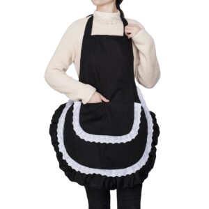 SINUOLIN Cute Aprons for Women With Pockets, Lovely kitchen Floral Apron With Long Apron for Cooking Baking Housework Gift for Mom Wife Girls Black White