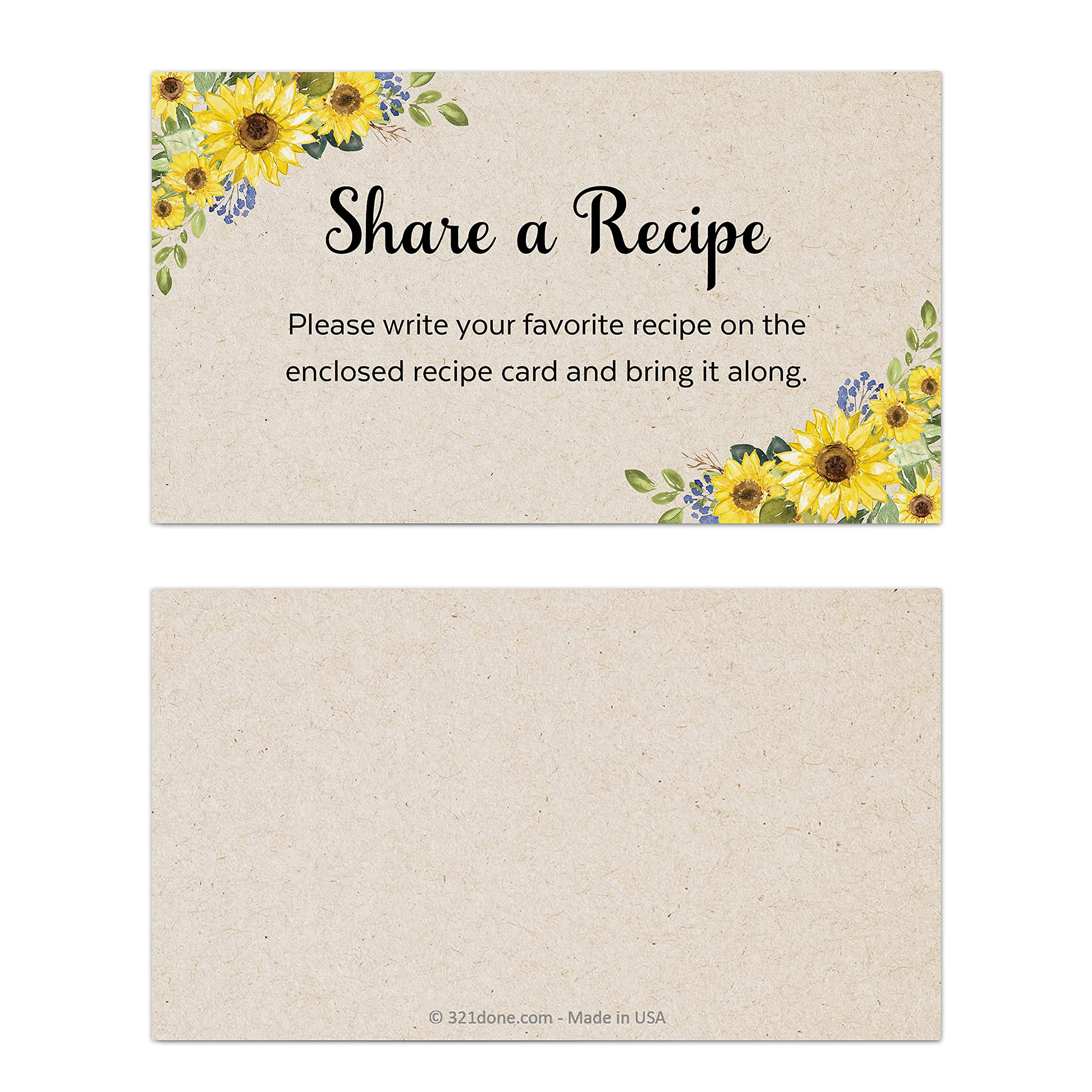 321Done Sunflower Share a Recipe Card (Set of 50) 3.5x2 - Kraft - Little Recipe Request Card for Bridal Shower Invitation, Keepsake, Heavy Cardstock, Matching Recipe Cards - Made in USA