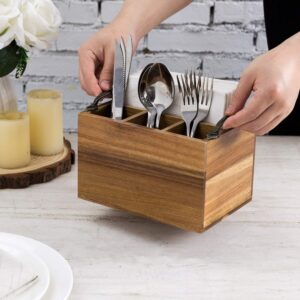 MyGift Premium Acacia Wood Dining Napkin Holder and Utensil Holder Buffet Caddy, Kitchen Flatware and Napkin Storage Organizer with Vintage Metal Handles