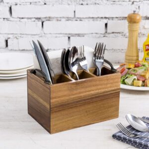 MyGift Premium Acacia Wood Dining Napkin Holder and Utensil Holder Buffet Caddy, Kitchen Flatware and Napkin Storage Organizer with Vintage Metal Handles