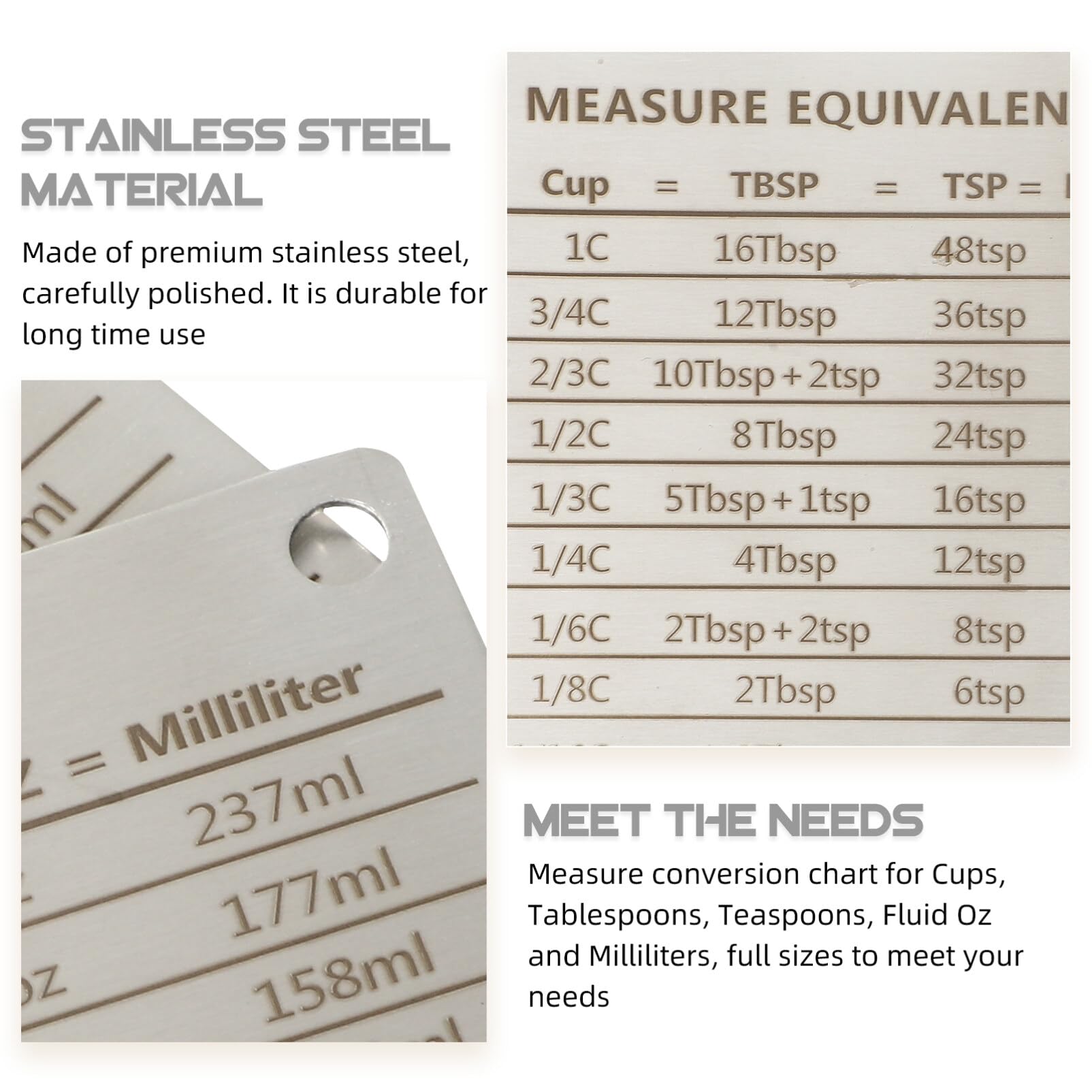 Cabilock Measurement Conversion Chart Refrigerator Magnet in Stainless Steel Conversions for Cups Tablespoons Teaspoons Fluid Oz and Milliliters 2pcs