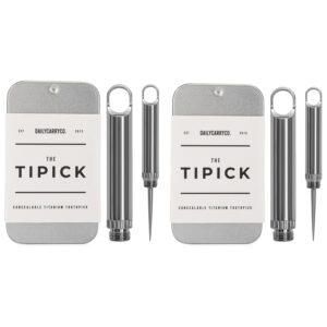 the tipick - world's smallest titanium toothpick | edc keychain tool camping toothpick | outdoor concealable micro toothpick with protective case holder (2 pack)